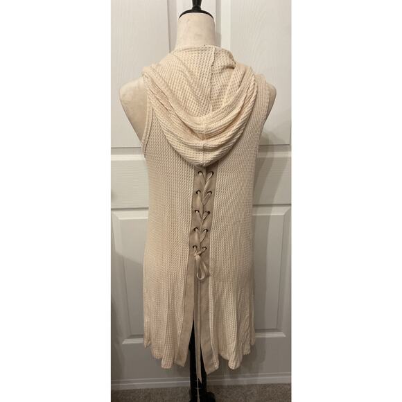 NWT Vocal Women's Cream Waffle Knit Hoodie Vest with Lace Up Back Details, S - Picture 3 of 5